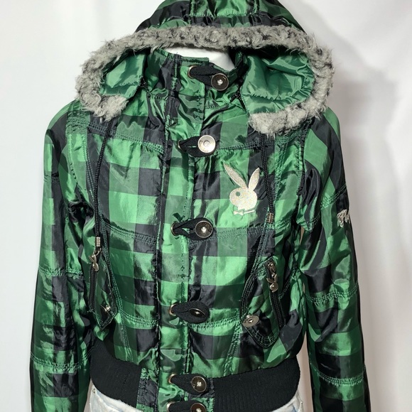 PLAYBOY Jackets & Blazers - Vintage Playboy Green Black Plaid Zip Up Jacket S